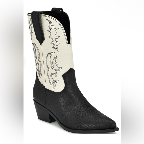 Nine West Shoes - Nine West Yodown Black and Cream Western Embroidered Mid-Calf Booties- Size 8